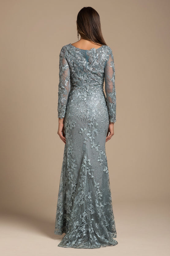Lara 29924 - Long Sleeve Lace Dress With Lace Appliques - Glamourous Grace