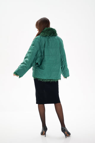 Reversible Genuine Silver Fox  Down Fill Coat in Emerald