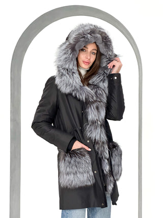 Roma Genuine Silver Fox Fur Rabbit Fur Insulated Parka in Black