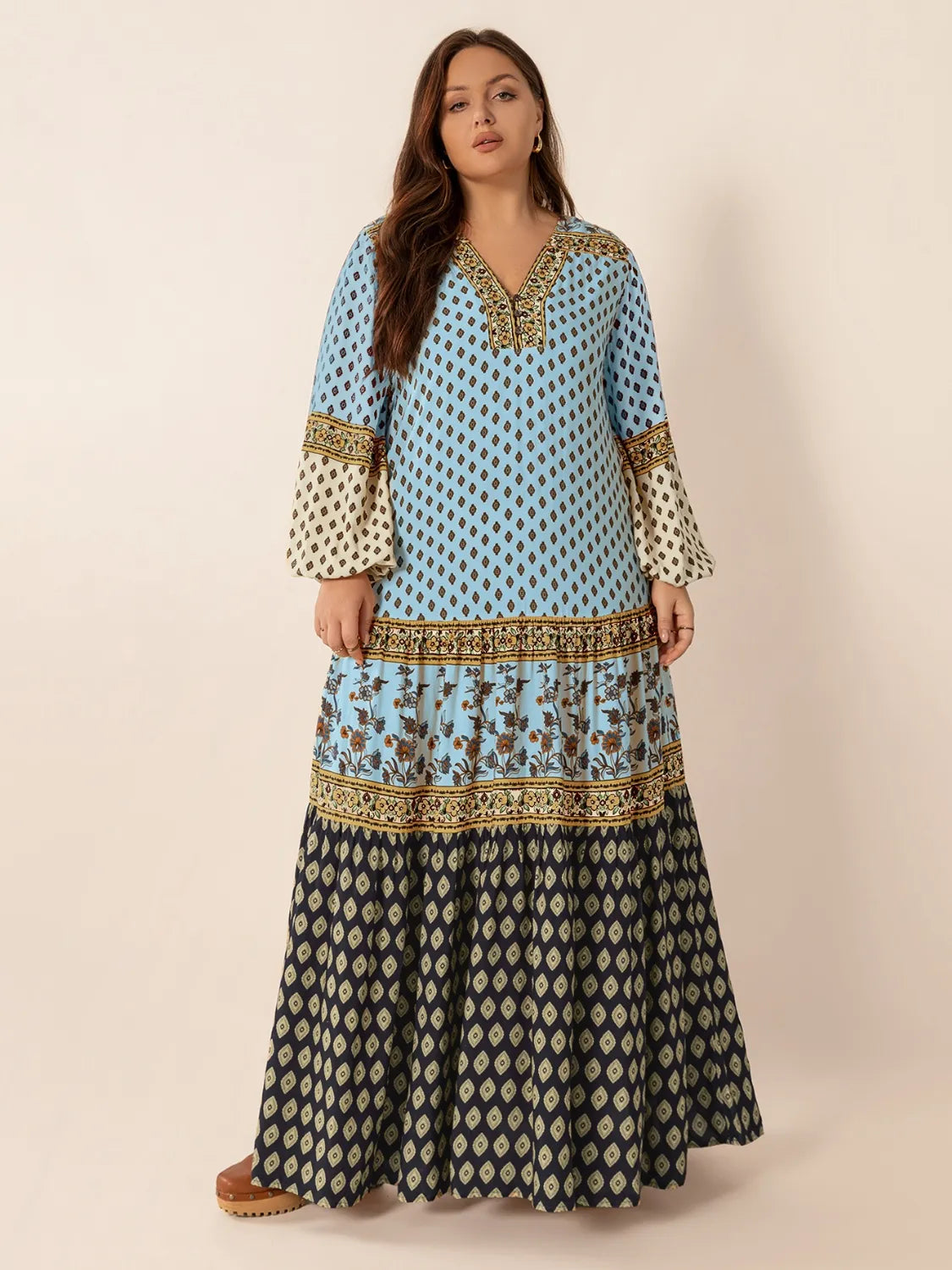 Plus Size Printed V-Neck Balloon Sleeve Maxi Dress - Glamourous Grace