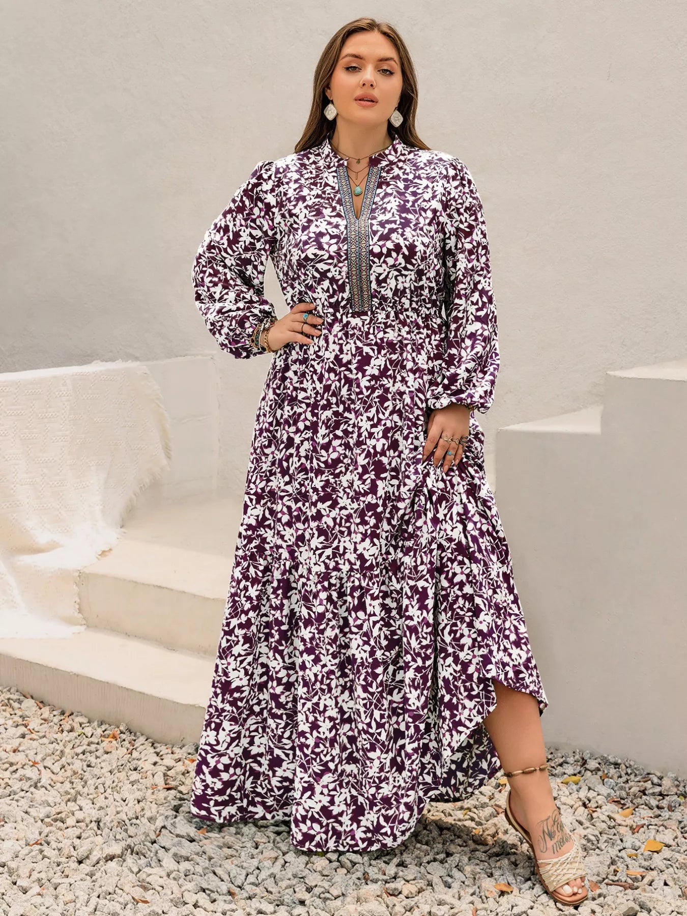 Plus Size Floral Print Maxi Dress with Long Sleeves - Glamourous Grace