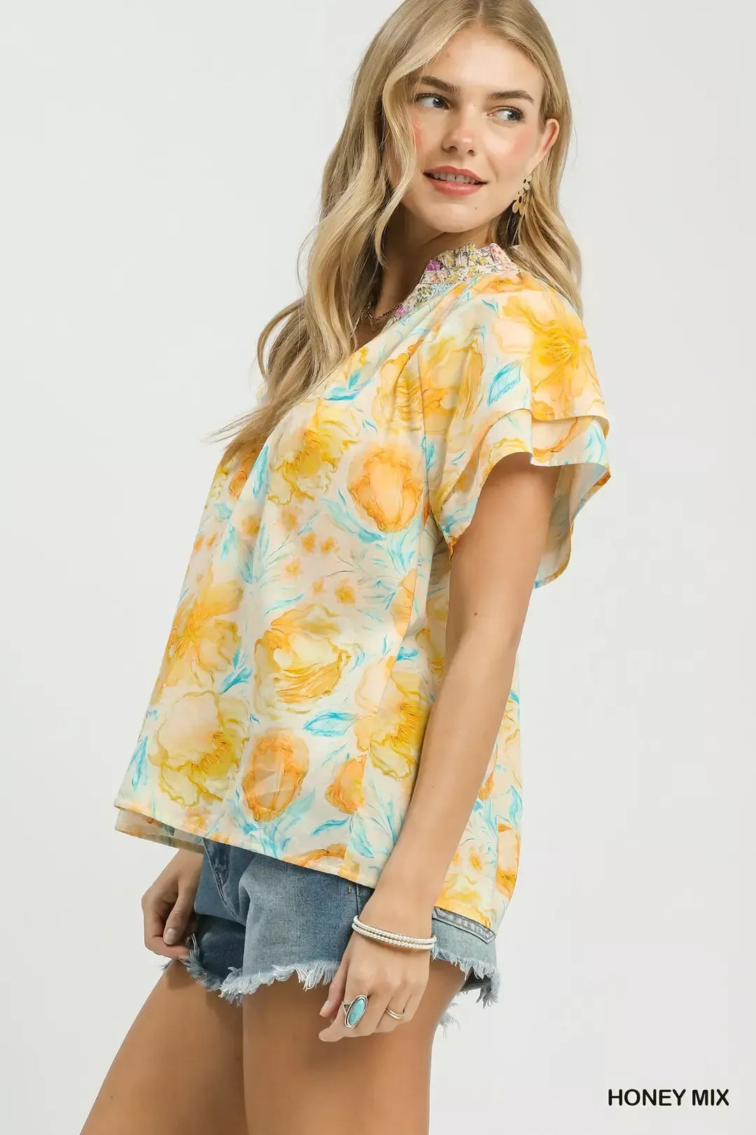 Umgee Mix Floral Print Blouse with Crochet Lace Trim - Glamourous Grace