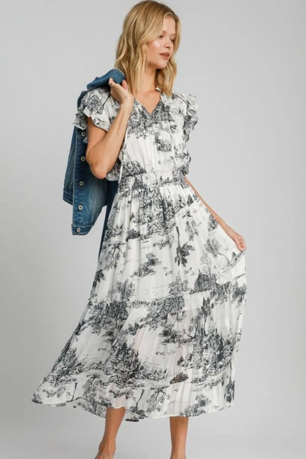 Umgee Full Size Two Tone Landscape Print Midi Dress Plus Size - Glamourous Grace