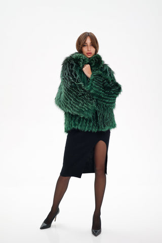 Reversible Genuine Silver Fox  Down Fill Coat in Emerald