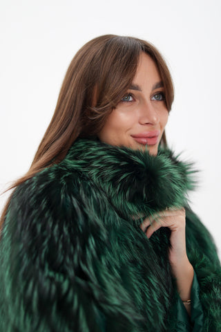 Reversible Genuine Silver Fox  Down Fill Coat in Emerald