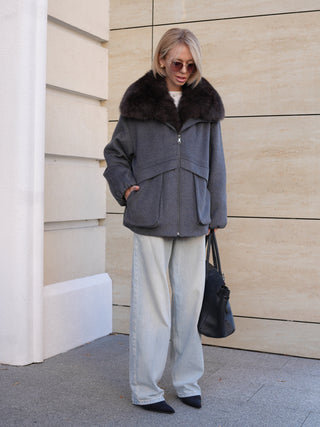 Rimini Genuine Fur Trim Wool Blend Parka in Graphite