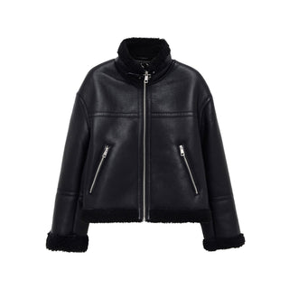 Women's Jacket Black Faux Leather Shearling BYMANYC ® New York SOHO BLACK AVIATOR BIKER - New Collection