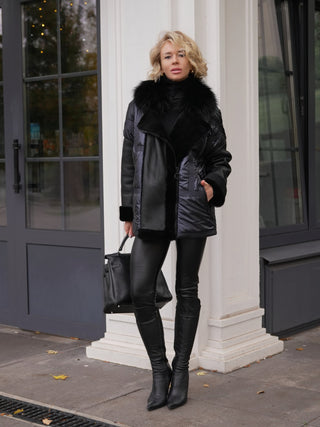 Audrey Genuine Lamb Leather Fox Fur Down Coat in Dark Sapphire