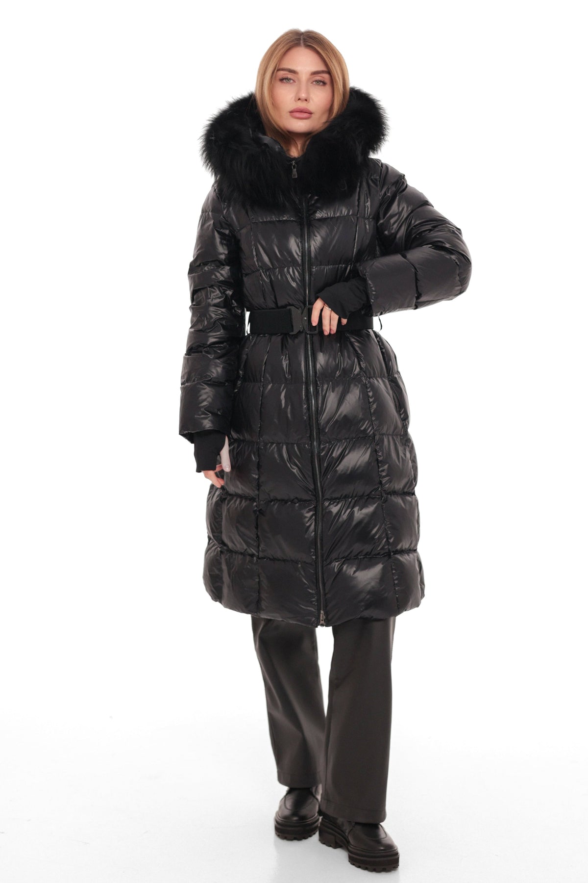 Cyrus Genuine Fur Trim Down Fill Coat in Black