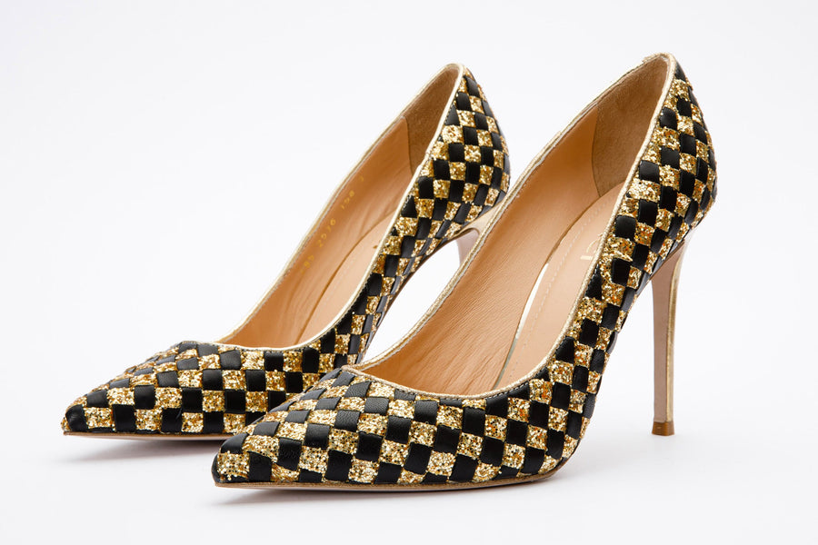 The Saks Tory Gold & Black Handwoven Leather Pump Women Shoe - Glamourous Grace