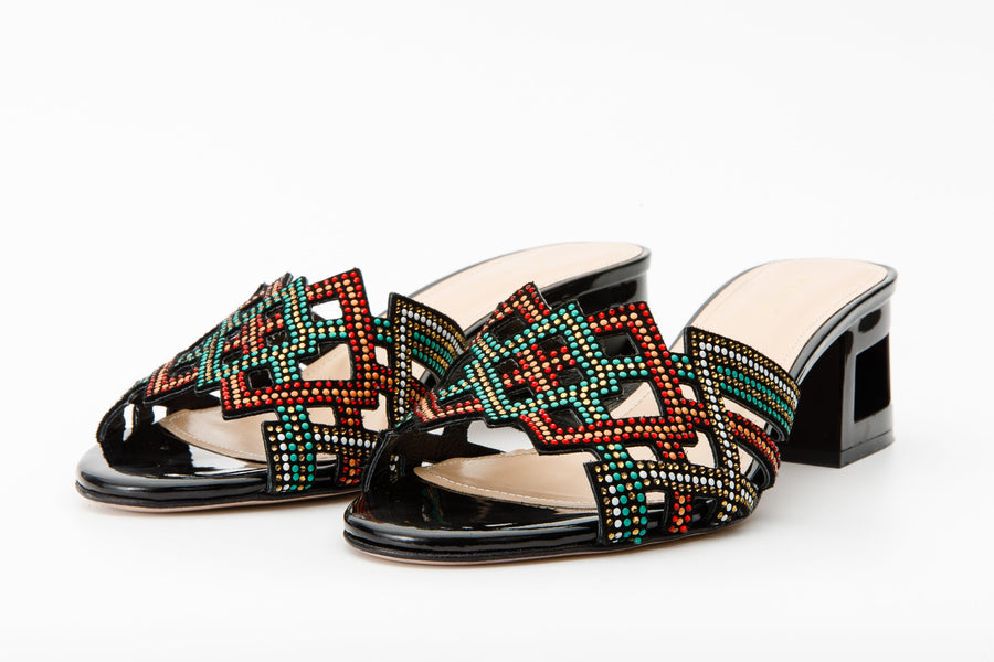 The Palma Black Glitter Leather Block Heel Women Sandal - Glamourous Grace