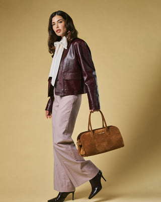 Chiara (cognac) - Italian calf suede women's handbag (with shoulder strap) - Glamourous Grace