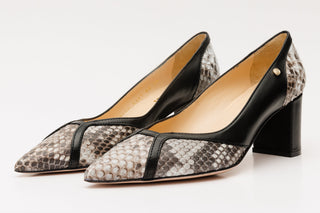The Toskana Black & Natural Pythn Leather Block Heel Pump Women Shoe - Glamourous Grace
