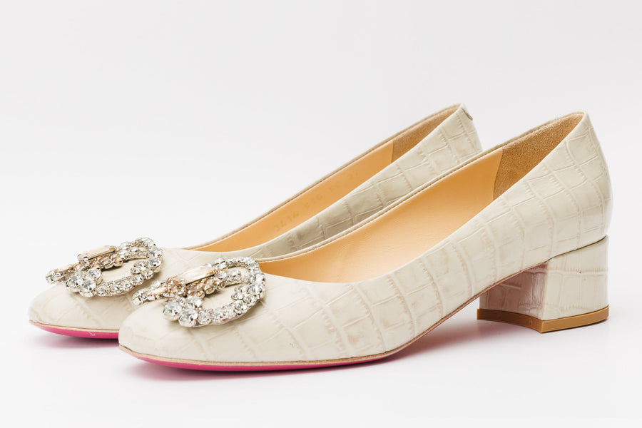 The Foggia Cream Leather Block Heel Pump Women Shoe - Glamourous Grace