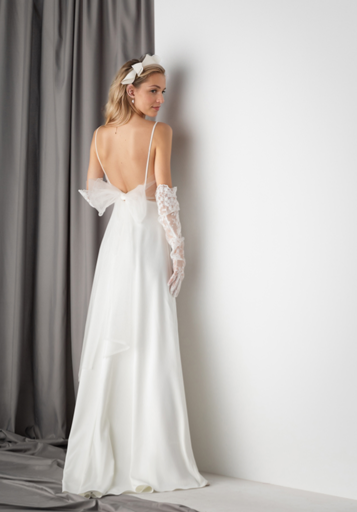 Minimalist Satin Wedding Dress with Delicate Bow Back & Sheer Gloves - Glamourous Grace