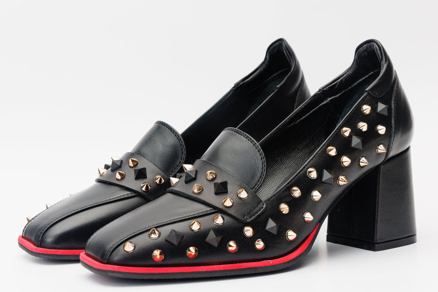 The Infanta Black Spike Leather Block Heel Pump Women Shoe - Glamourous Grace