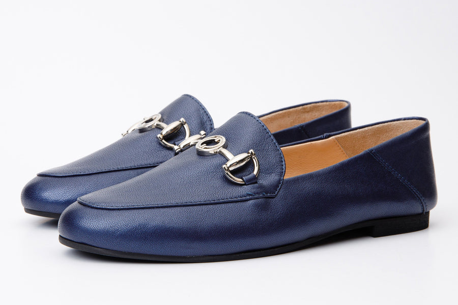 Luanda Navy Blue Leather Women Flat Shoe - Glamourous Grace