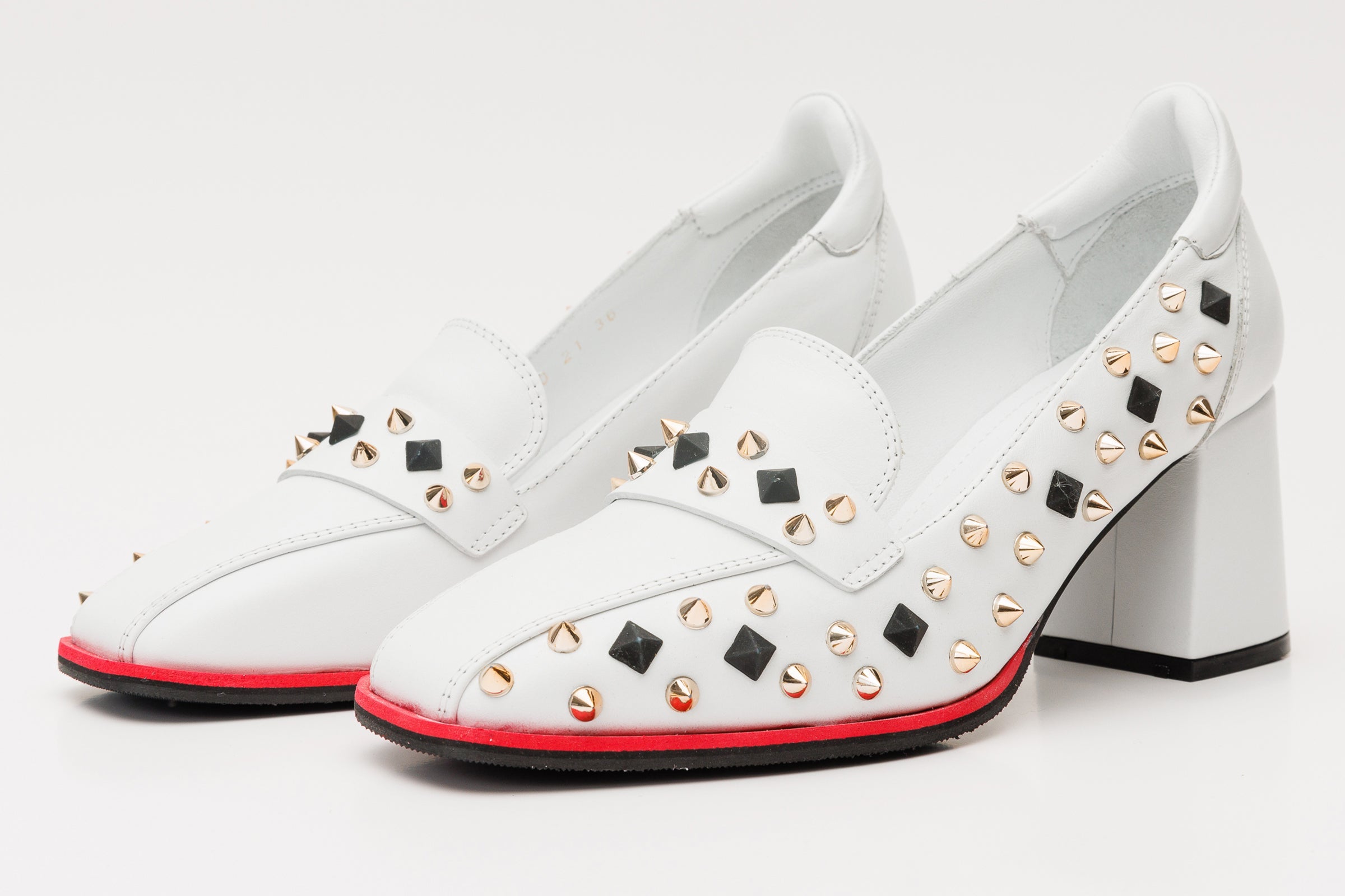 The Infanta White Spike Leather Block Heel Pump Women Shoe - Glamourous Grace