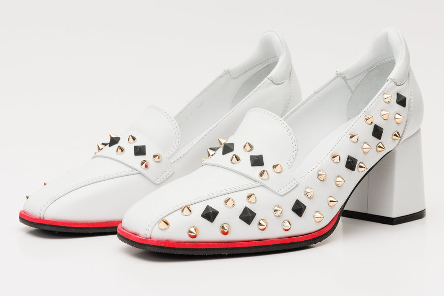 The Infanta White Spike Leather Block Heel Pump Women Shoe - Glamourous Grace