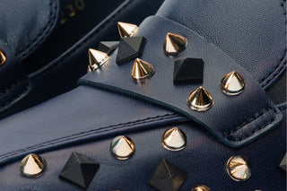 The Infanta Navy Blue Spike Leather Block Heel Pump Women Shoe - Glamourous Grace