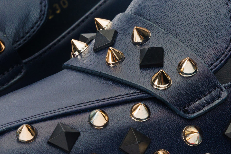 The Infanta Navy Blue Spike Leather Block Heel Pump Women Shoe - Glamourous Grace