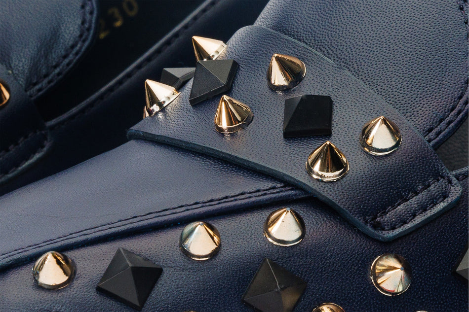 The Infanta Navy Blue Spike Leather Block Heel Pump Women Shoe - Glamourous Grace