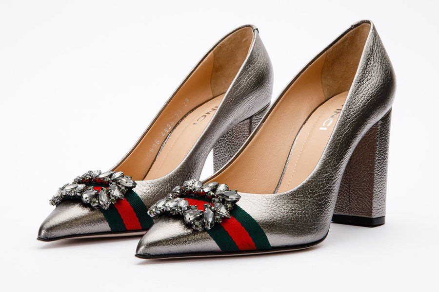The Afega Silver Leather Block Heel Pump Women Shoe - Glamourous Grace