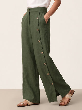 LINTICO 100% linen buttoned slit-hem pants with a relaxed fit, featuring a stylish design and comfortable fabric.