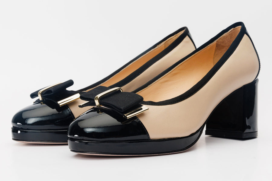 The Fano Beige Leather Cap Toe Block Heel Pump Women Shoe - Glamourous Grace
