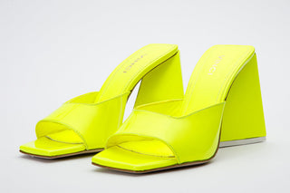 The Butterfly Block Heel Neon Yellow Patent Leather Sandal Final Sale! - Glamourous Grace