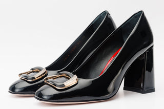 The Ferrara Black Patent Leather Block Heel Pump Women Shoe - Glamourous Grace