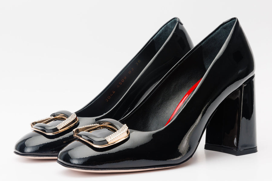 The Ferrara Black Patent Leather Block Heel Pump Women Shoe - Glamourous Grace