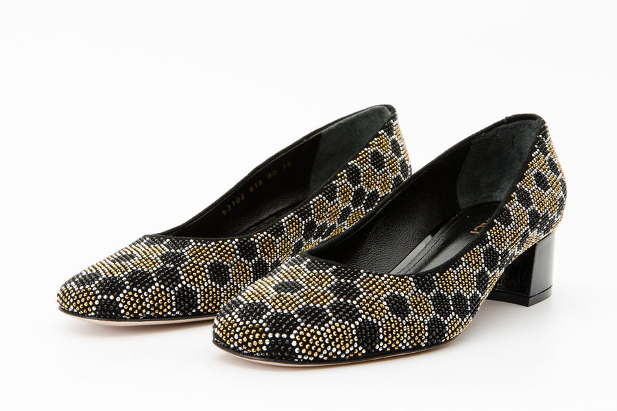 The Doha Gold & Black Glitter Leather Block Pump Women Shoe - Glamourous Grace