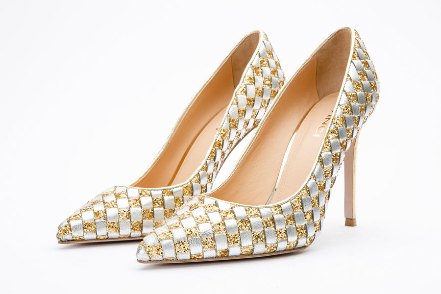 The Saks Tory Gold & Silver Handwoven Leather Pump Women Shoe - Glamourous Grace