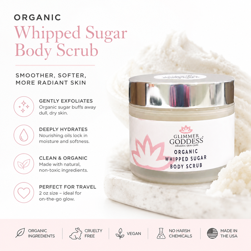 Organic Whipped Sugar Body Scrub 2 oz – Travel Size Crepey Skin Treatment & Exfoliator - Glamourous Grace