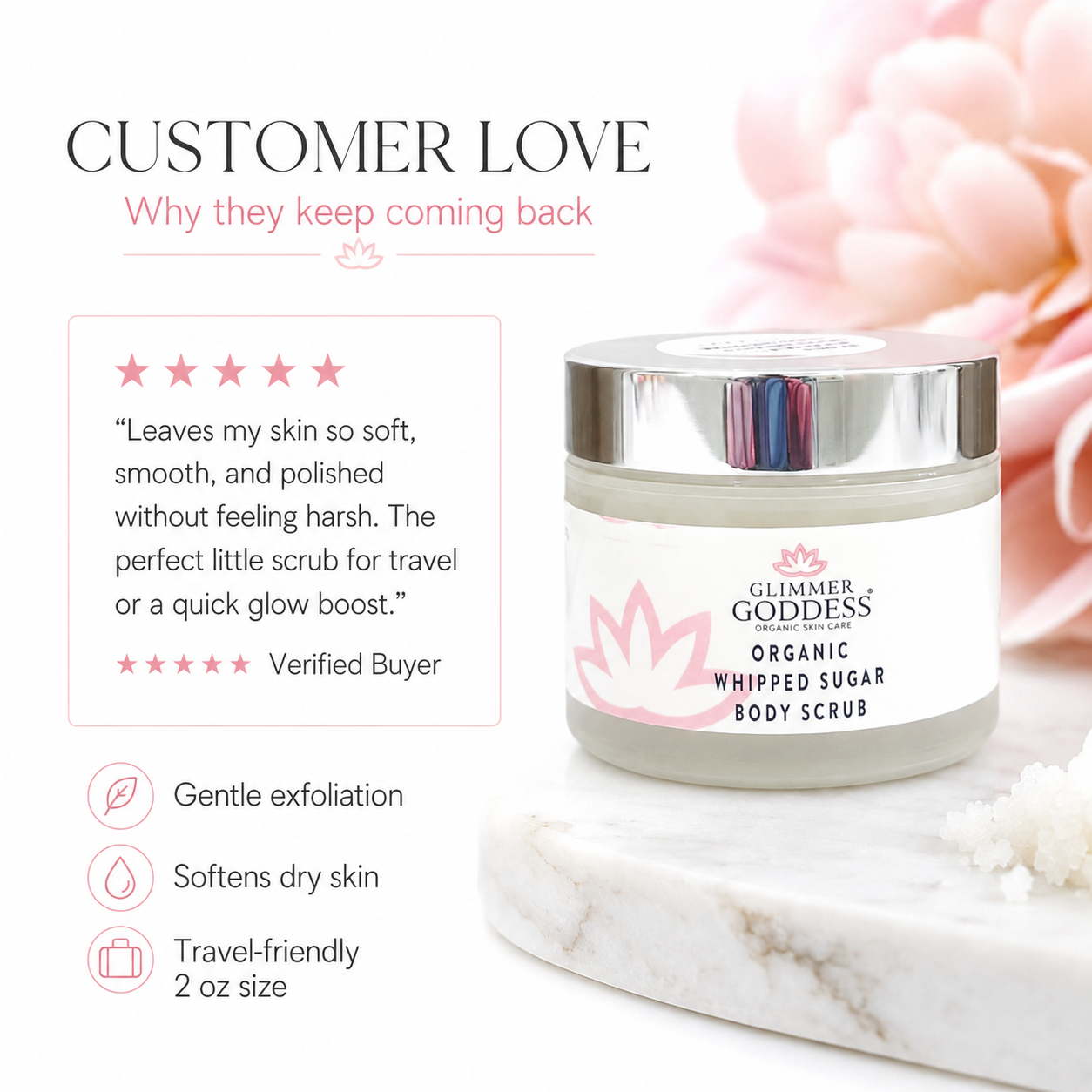 Organic Whipped Sugar Body Scrub 2 oz – Travel Size Crepey Skin Treatment & Exfoliator - Glamourous Grace