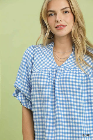 Umgee Gingham Check Blouse with Ruffle Sleeves - Glamourous Grace