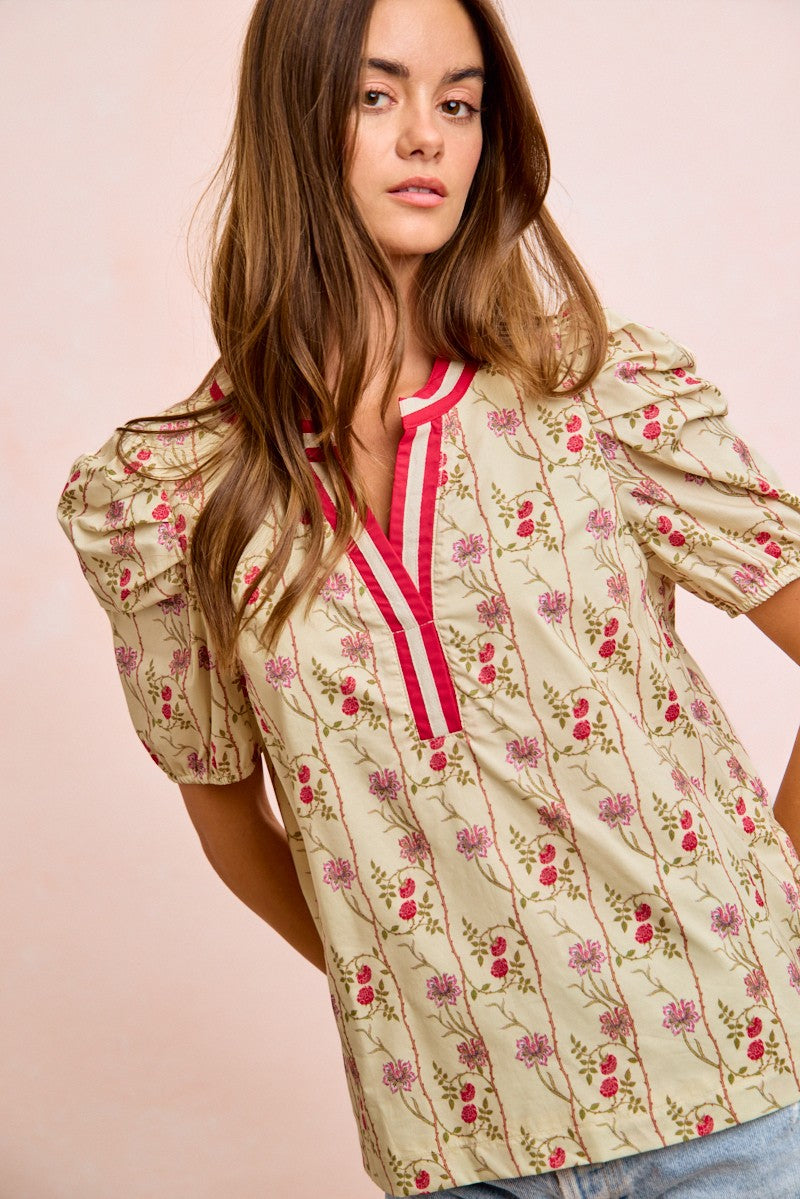 BiBi Floral Gather Sleeves Contrast Neckband Blouse Top - Glamourous Grace