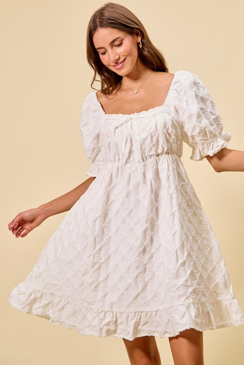 SO ME Texture Woven Ruching On Bust Mini Dress in White - Glamourous Grace
