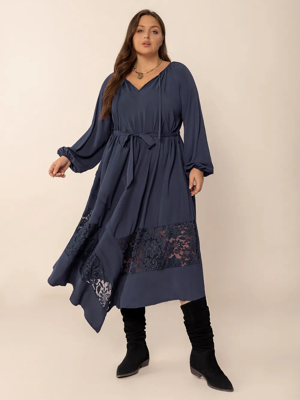 Plus Size Lace Detail Tie Neck Long Sleeve Midi Dress - Glamourous Grace
