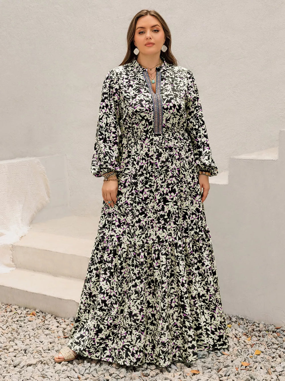 Plus Size Floral Print Long Sleeve Tiered Maxi Dress - Glamourous Grace