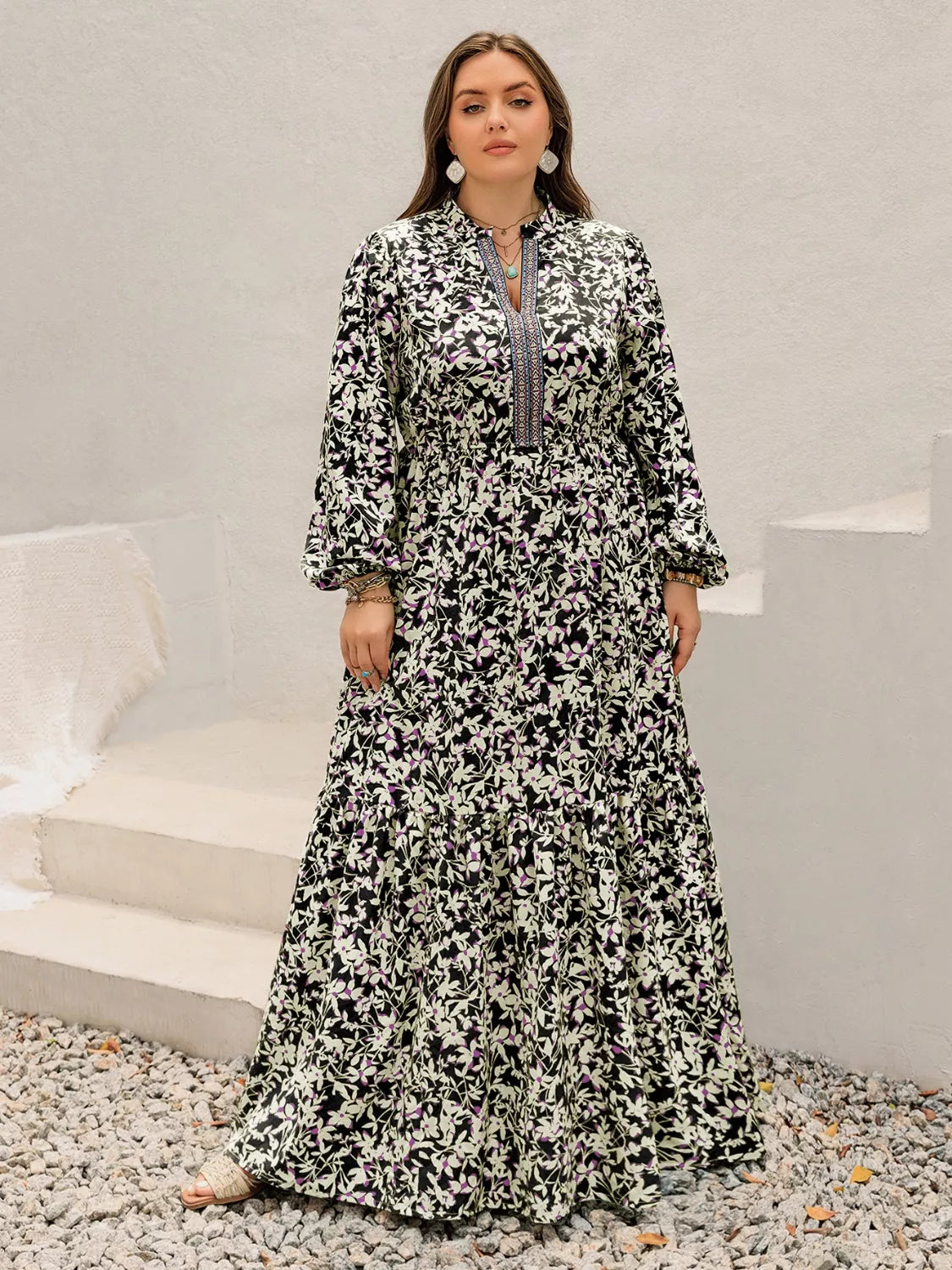 Plus Size Floral Print Long Sleeve Tiered Maxi Dress - Glamourous Grace