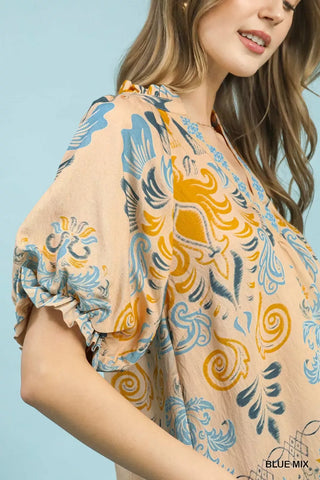 Umgee Border Print Puff Sleeve V-Neck Blouse - Glamourous Grace