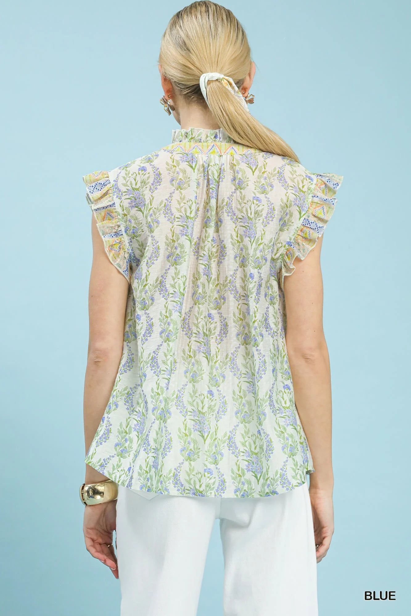 Umgee Floral Print Flutter Sleeve Split Neck Top - Glamourous Grace