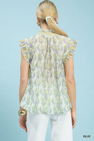 Umgee Floral Print Flutter Sleeve Split Neck Top - Glamourous Grace