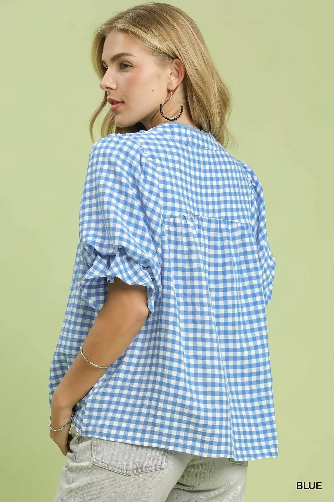 Umgee Gingham Check Blouse with Ruffle Sleeves - Glamourous Grace