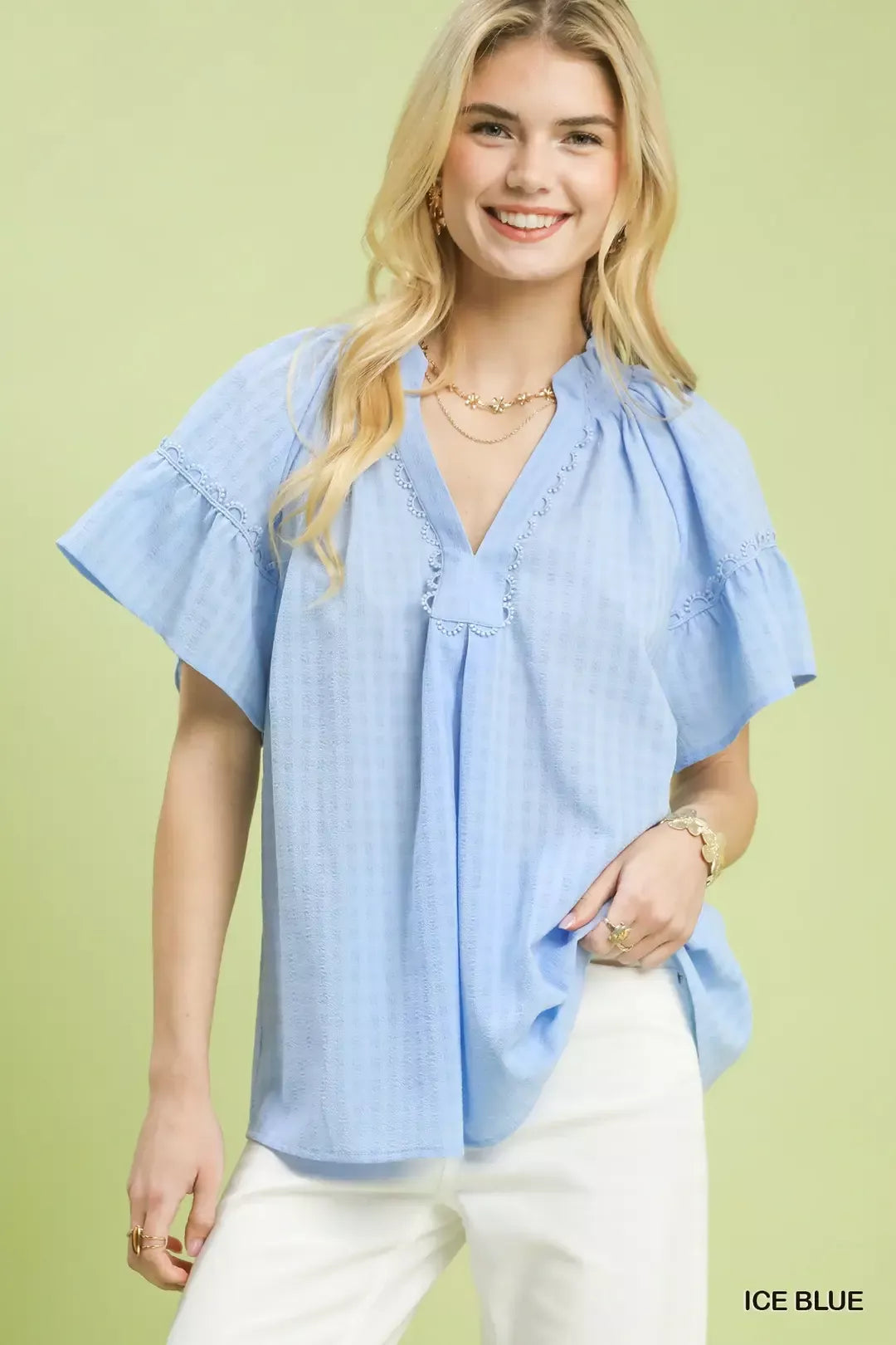 Umgee Gingham Puff Sleeve Top with Lace Trim - Glamourous Grace