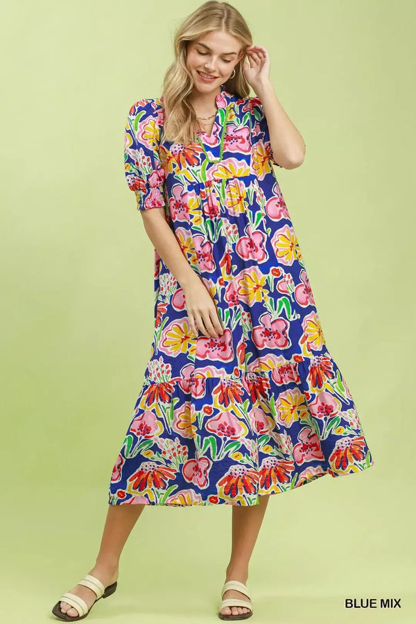 Umgee Floral Print Puff Sleeve Tiered Midi Dress - Glamourous Grace
