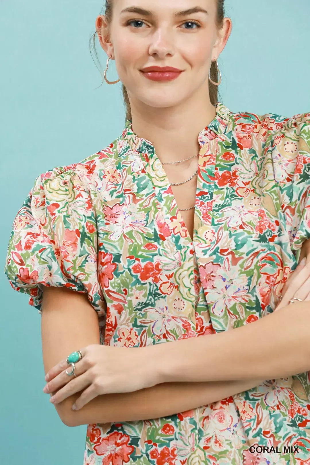Umgee Floral Puff Sleeve Blouse in Coral - Glamourous Grace