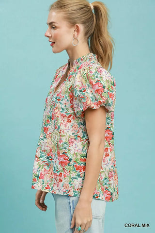 Umgee Floral Puff Sleeve Blouse in Coral - Glamourous Grace